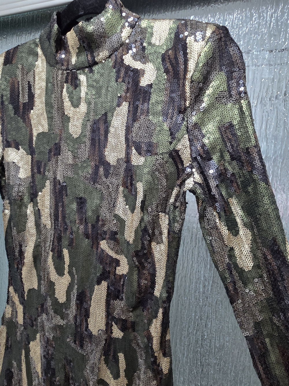 Zara Kahki Sequin Camo Bodycon High Neck Long Sleeve Midi Event Dress Size Small - Picture 3 of 14